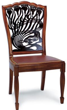 a wooden chair with an intricate design on it's back and seat padding