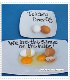 two plates with eggs on them and the words teaching density written in black ink next to each other