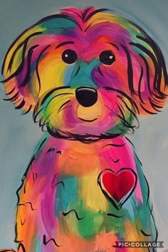 a painting of a colorful dog with a heart on it's chest and eyes