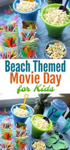 beach themed movie day for kids with pineapples, popcorn and other snacks on the table