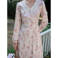 A dress depicting cherry blossom-colored flowers in full bloom in watercolor. Beautiful flowers are embroidered on the collar. The shading and blurred flower pattern gives a romantic impression. Let yourself be invited to a dazzling paradise created by gentle light. 
 
 
 Size 
 
 S size 
 
 Length: 118cm 
 Shoulder width: 34cm 
 Bust: 82-83cm 
 Waist: 68cm 
 Sleeve length: 60cm 
 
 M size 
 
 Length: 120cm 
 Shoulder width: 35cm 
 Bust: 86-87cm 
 Waist: 72cm 
 Sleeve length: 61cm 
 
 L size Elegant Pink Floral Dress For Spring, Feminine Floral Dress For Spring Wedding, Feminine Floral Spring Wedding Dress, Elegant Long Sleeve Pink Floral Dress, Feminine Floral Wedding Dress For Spring, Delicate Floral Print Spring Dress, Delicate Floral Print Dress For Garden Party, Watercolor Beautiful, Blossom Watercolor