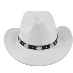 White Western Cowboy, Cowgirl Hat, Black & Silver Strap, Men Women, Wide Brim White Fitted Fedora Hat, White Western Felt Hat For The Beach, Classic White Hat Bands For Winter, Fitted White Felt Hat With Wide Brim, Fitted White Wide Brim Felt Hat, White Fitted Wide Brim Felt Hat, Classic White Felt Hat For Beach, Fitted White Hat Bands For Country Events, White Fitted Hat Bands For Country Events