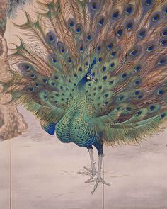 a peacock with its feathers spread out in front of a painting on the side of a wall