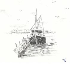 a pencil drawing of a boat in the water