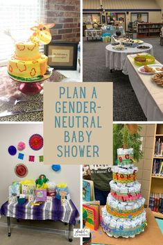 a collage of photos with baby shower items and books on the table in front of them