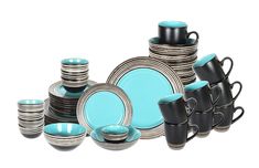 a blue and black dinnerware set with matching cups, saucers, and plates