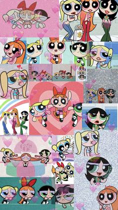 the powerpuff girls collage with their faces in different colors and sizes, including pink