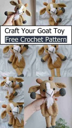 the instructions for how to make a crochet goat toy are shown in four different pictures