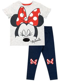 Sweeten up your mouse's wardrobe with this Minnie-liscious outfit! The short sleeve top displays a fabulous print of Mickey Mouse's sweetheart with her nose in black sequins, and her bow in contrast red polka dots. Frilly sleeves and lovely navy trousers featuring knee prints of Minnie's iconic bow, guarantee this ensemble is perfect for little fashionistas! Frilly Sleeves, Navy Trousers, Minnie Mouse Outfits, Retro Film, Minnie Mouse Girl, Leggings Set, Disney Merchandise, Red Polka Dot, Mickey Minnie Mouse