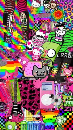 an assortment of stickers and decals on a colorful background, including headphones