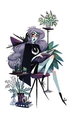 a drawing of a woman sitting on top of a chair next to potted plants