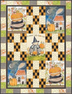 a quilt with pumpkins on it and a black and white checkerboard background