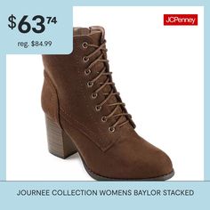 Closure Type: Lace-UpShaft Circumference: 11 1/2 InchesBoot Shaft Height: 6 InchesShoe Heel Height: 2 3/4 InchesUpper/Outer Base Material: 100% PolyuretheneShoe Lining Material: FabricSole Material Content: 100% PolyurethaneToe Type: Plain ToeHeel Style: Stacked HeelCountry of Origin: Imported Rise Above, Journee Collection, Stacked Heel, Ankle Booties, Faux Suede, Lace Front, Bootie Boots, Heel Height, High Heels