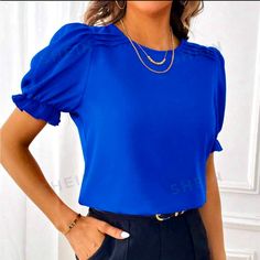 New Without Tags, Royal Blue Blue Fitted Puff Sleeve Top, Fitted Blue Puff Sleeve Top With Short Sleeves, Blue Puff Sleeve Top For Work, Blue Puff Sleeve Top For Workwear, Stretch Blue Office Blouse, Blue Stretch Blouse For Office, Elegant Blue Blouse With Puff Sleeves, Blue Stretch Blouse For Work, Blue Stretch Blouse For Workwear