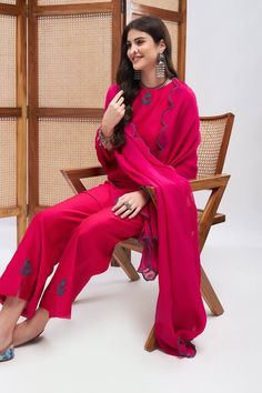 Magenta kurta with resham embroidery in floral pattern. Paired with pant and dupatta. - Aza Fashions Kurta Set With Dupatta, Resham Embroidery, Kurta Set For Women, Festive Wear, Sustainable Fashion Brands, Kurta Set, Pants Pattern, Set For Women, Festival Wear