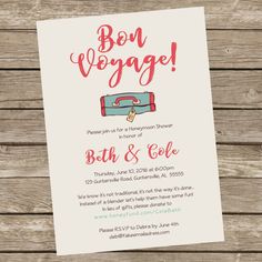 a card with the words bon voyage on it and an image of a suitcase in red ink