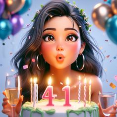 a girl blowing out candles on her birthday cake with balloons and confetti in the background