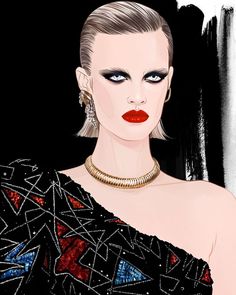 a drawing of a woman with red lipstick and gold jewelry on her neck, wearing a black dress