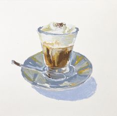 a painting of a cup and saucer with ice cream on the top, sitting on a plate