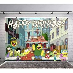 the simpsons family is celebrating their birthday with an image on it's wall hanging in front of a brick building