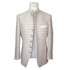 Cashew Crema Houndstooth Fabric Woven In France Signature Mandani Design Single Button Closure Mother Of Pearl With Gold Rim Buttons Soft, natural shoulder construction Chest Barchetta Pocket Dual Vents Dinner Jacket Pockets Handmade in any size! Includes a Sebastian Cruz Couture Pocket Square of your choice! All of our jackets are made with 4" extra of fabric to ensure you don't have to send it back to us if it's too small or too big. You can tailor your jacket 2 sizes bigger and/or smaller if Elegant Tweed Jacket With Houndstooth Pattern, Elegant Tweed Jacket With Houndstooth Pattern And Suit Collar, Formal Long Sleeve Tweed Jacket With Houndstooth Pattern, Elegant Houndstooth Tweed Jacket For Tailoring, Elegant Houndstooth Outerwear For Semi-formal Occasions, White Long Sleeve Tweed Jacket For Business, Luxury Houndstooth Tweed Jacket, Luxury Houndstooth Outerwear For Formal Occasions, Luxury Formal Outerwear With Houndstooth Pattern