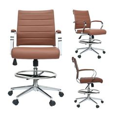 three different views of an office chair with wheels and armrests, all in brown leather