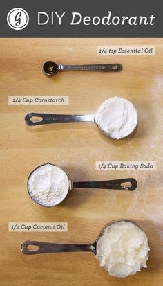 four spoons with different types of flour on them, labeled diy deodoranants