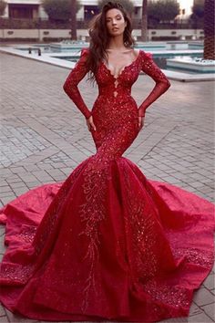 Gorgeous Long Sleevess Mermaid Evening Dresses with Train Hot Backless Lace Crystal Prom Dresses-Ballbella Red Wedding Dress Mermaid, Party Gowns Elegant, Red Mermaid Prom Dress, Crystal Prom Dress, Gown Elegant, Sell Dresses, Red Mermaid, Long Sleeve Prom, Backless Wedding