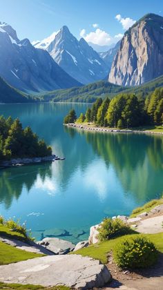 a lake surrounded by mountains and trees in the middle of a green valley with blue water