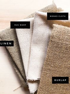 burlap and linen swatches labeled with names on each side, along with the words linen