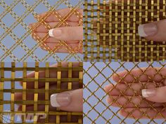 four different types of metal mesh with gold and white designs on them, one being held by someone's hand