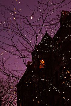 an old building with christmas lights on it and the sky in the background is purple