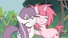 two pinkie ponies hugging each other in front of some trees and bushes with their eyes closed