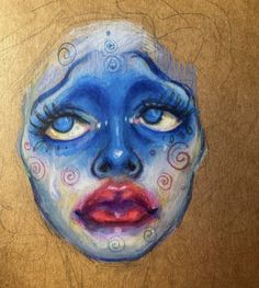 a drawing of a woman's face with blue makeup