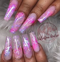 Incapcilated Nails, Unicorn Pink Nails, Coffin Mermaid Nails, Light Pink Unicorn Nails, Barbie Pink Holographic Nails, Pink Mermaid Nails Glitter, Blue Stiletto Nails, Acrylic Nail Designs Coffin, Quinceanera Nails