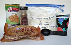 the contents of an ice cream sandwich are shown in front of a bag and cup