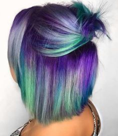 Mermaid Colored Hair, Grey Hair With Colored Highlights, Fun Hair For Blondes, Northern Lights Hair Color, Fun Color Hair Ideas For Blondes, Aurora Borealis Hair, Vibrant Hair Color Ideas Short, Short Mermaid Hair, Bright Color Highlights