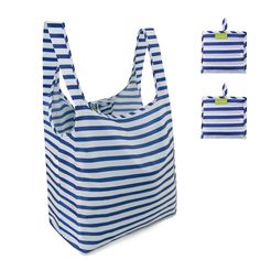 three pieces of blue and white striped bag with two bags on each side, one in the