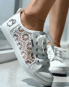 Lasaky - Canvas sneakers with cartoon lace patch Casual Lace-up Canvas Shoes With White Laces, Cute Lace-up Canvas Shoes With White Sole, Cute White Sole Lace-up Sneakers, Cute Lace-up Sneakers With White Sole, Cartoon Print Lace-up Sneakers For Streetwear, Cute Lace-up Sneakers With Rubber Sole, White Low-top Sneakers With Cartoon Print, Sporty Low-top Sneakers With Cartoon Print, Trendy Flat Sneakers With Laces