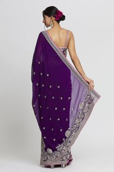 Purple wrap lehenga saree with gold thread, gota embroidery in floral pattern on border. Paired with sleeveless embroidered padded blouse. - Aza Fashions Gopi Vaid, Gota Embroidery, Purple Lehenga, Saree Georgette, Purple Wrap, Padded Blouse, Drape Saree, Lehenga Saree, Blouse For Women