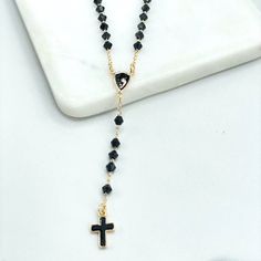 18k Gold Filled Black Beads with Virgin Mary Charm Beaded Necklace Rosary with Black Enamel Cross, Wholesale Jewelry Making Supplies.Rosaries Size:-Length: 18 inches : Thickness: 1mm | Beads: 3mm | Cross: 15mm x 9mm | Virgin Maria: 12mm x 11mm