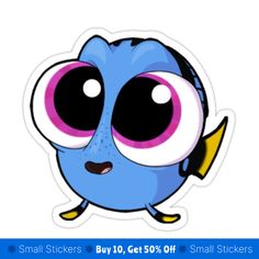 a blue cartoon character with big eyes and yellow beak sticker on a white background