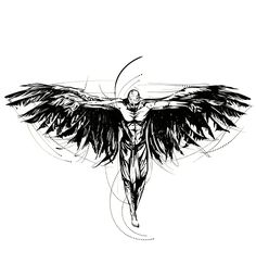 a black and white drawing of a bird with wings