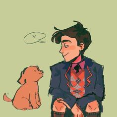 a drawing of a man sitting next to a dog and thought bubble above his head