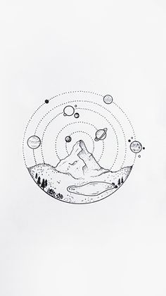 an ink drawing of mountains and planets in the sky