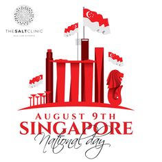 an advertisement for the singapore national day with red and white buildings, flags and text