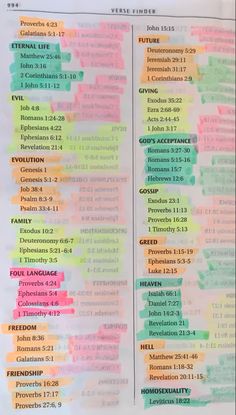 an open bible with the names of jesus and numbers written on it in different colors