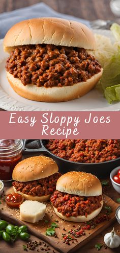 sloppy joes recipe on a cutting board with lettuce and tomatoes