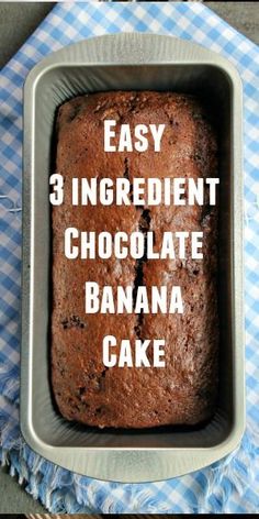 an easy 3 ingredient chocolate banana cake in a pan on a blue and white checkered cloth