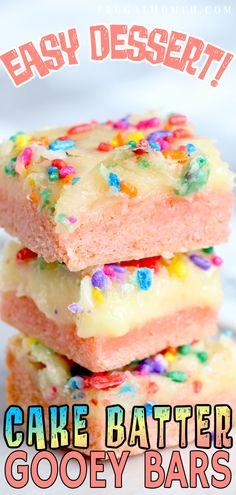 three cake batter gooey bars stacked on top of each other